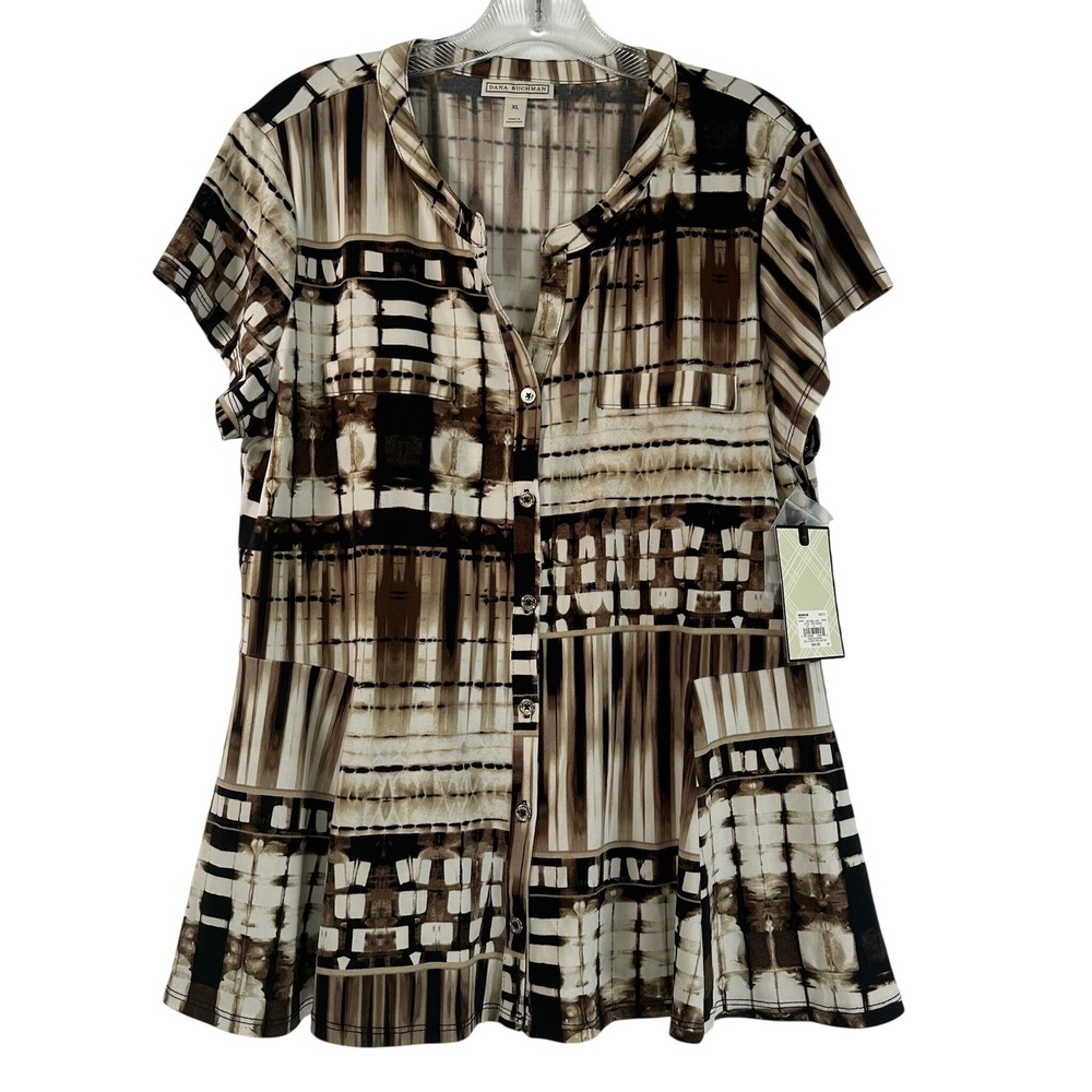 Dana Buchman XL Brown Cream Abstract Geometric Y-Front Peplum Top WB71K232RP